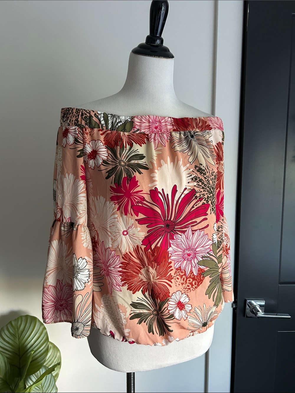 M Floral Off-Shoulder Blouse in green coral red Peach and Pink